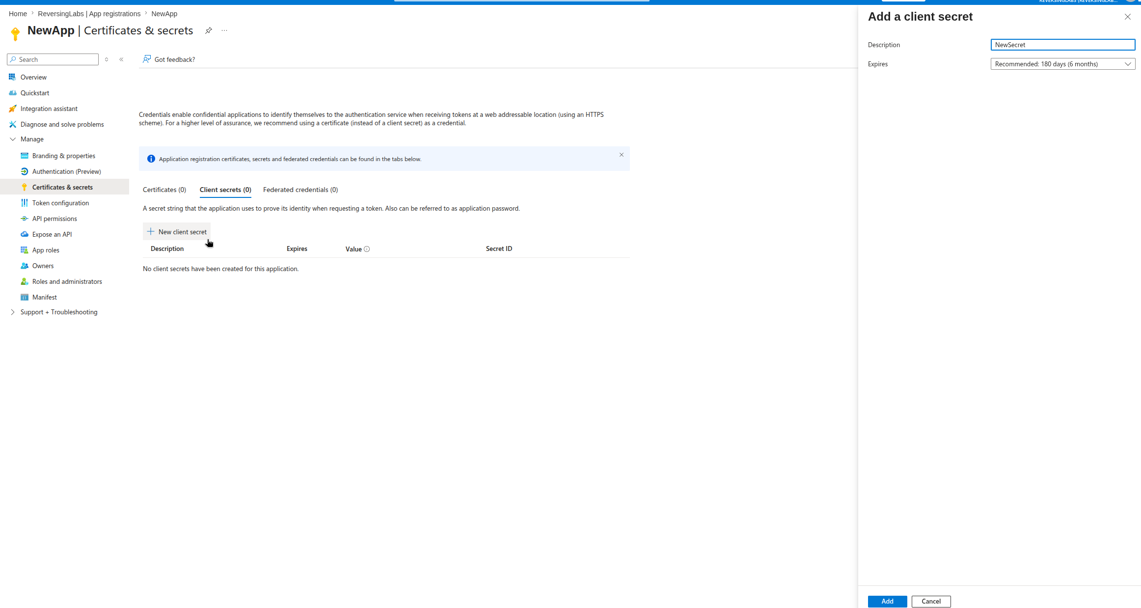 Screenshot showing the Azure Portal interface