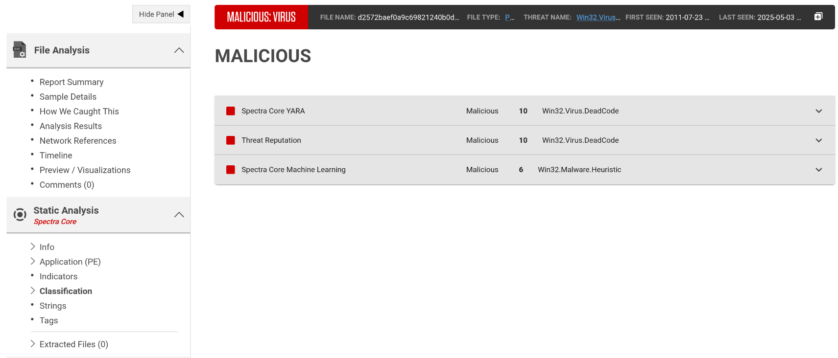 Static Analysis &gt; Classification section showing information about classification sources