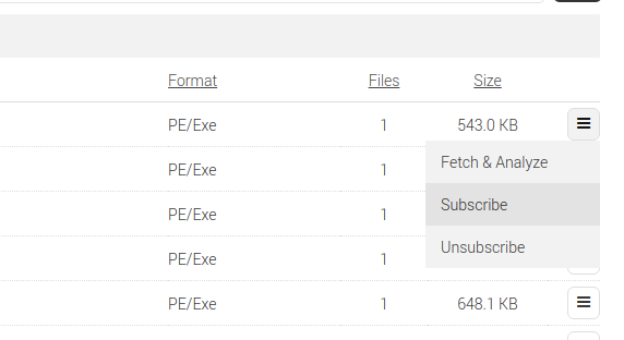 Section of the Spectra Analyze Web Interface with Subscribe option highlighted in the Sample Actions menu