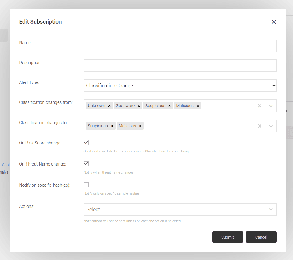 Dialog for creating a new Classification change alert subscription