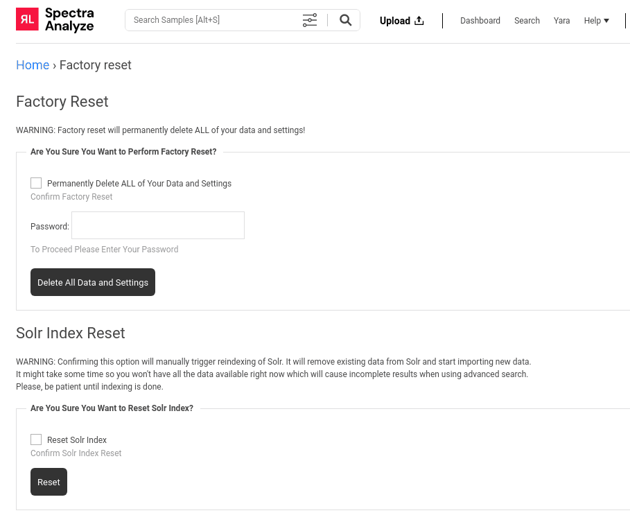 Factory Reset page with confirmation and password prompts