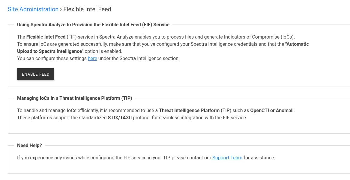 The Flexible Intel Feed configuration page