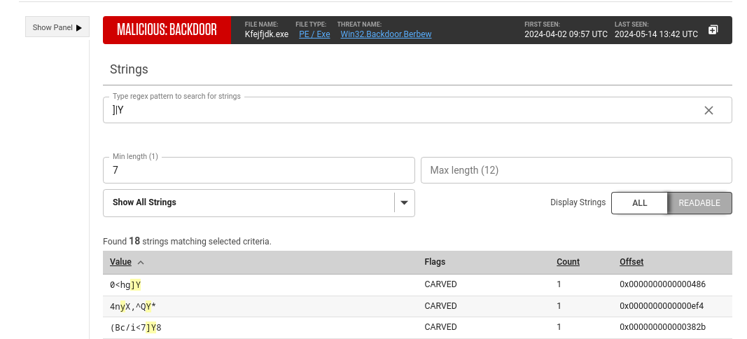 Sample Details showing string filtering options