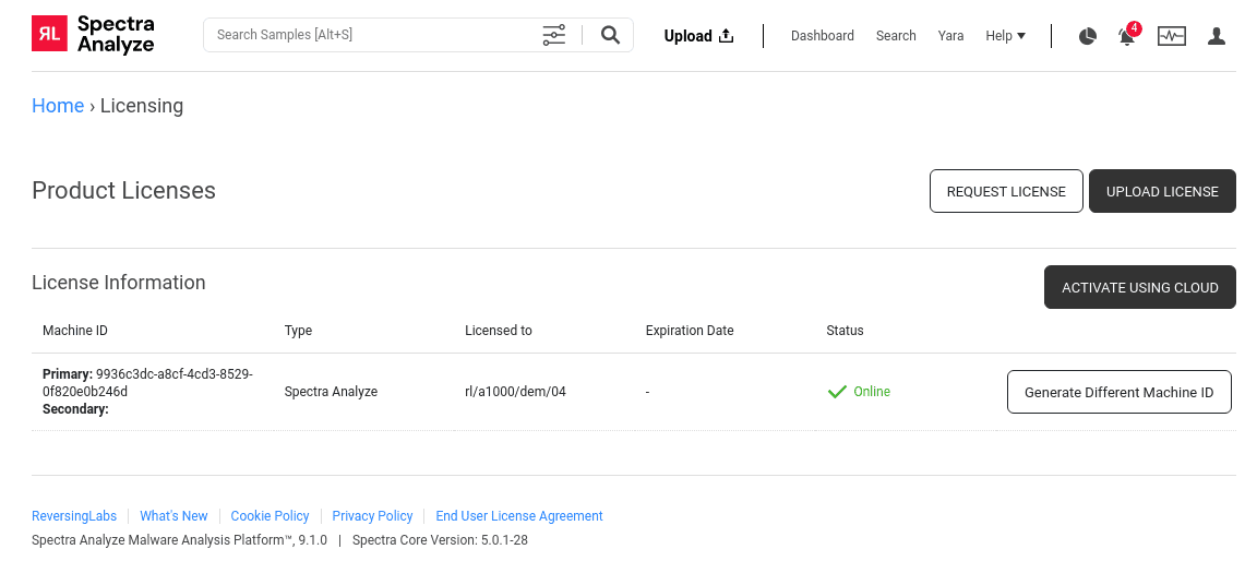 The Spectra Analyze licensing screen.