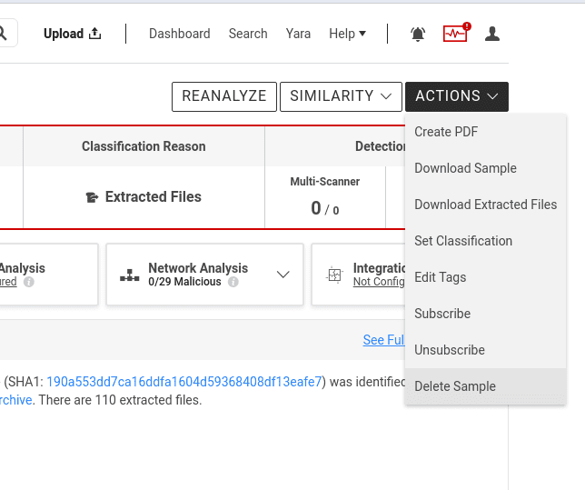 Sample Details Summary page with highlighted Actions menu