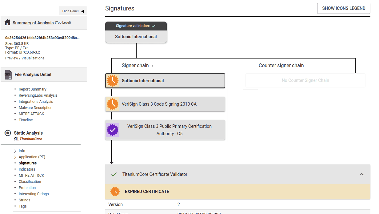 Sample Details page showing a Certificate Trust Chain of a sample