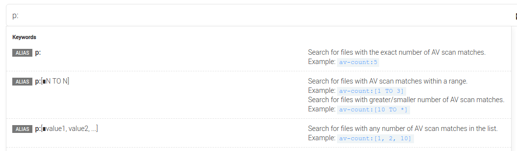 Pull-down list of search keywords with aliases highlighted