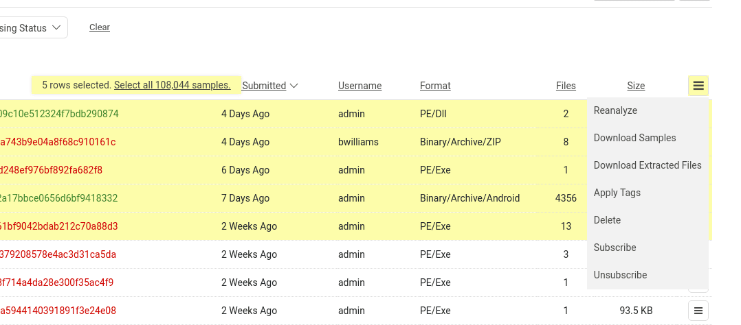 Bulk actions menu with option to download local samples highlighted