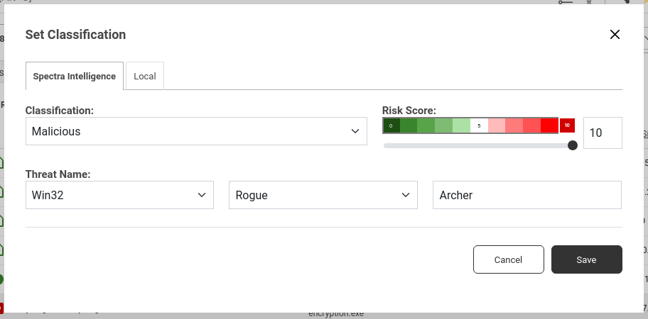 Set Classification dialog with options to modify the risk score