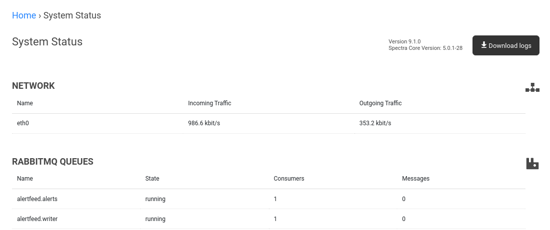 Overview of the System Status page with visible build version number and Spectra Core version.