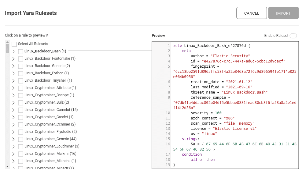 The ruleset import selection screen, allowing granular import of rulesets and individual rules.