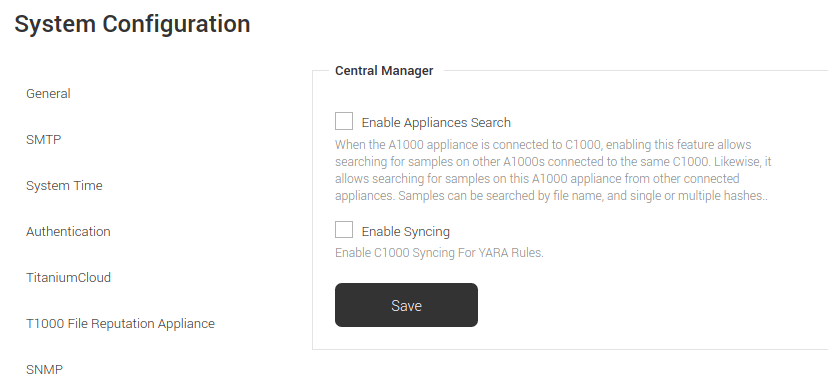 System Configuration page with highlighted option for YARA ruleset synchronization