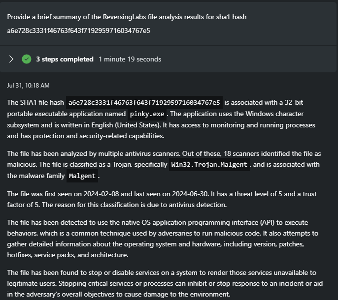 Screenshot showing the output of the file analysis results action