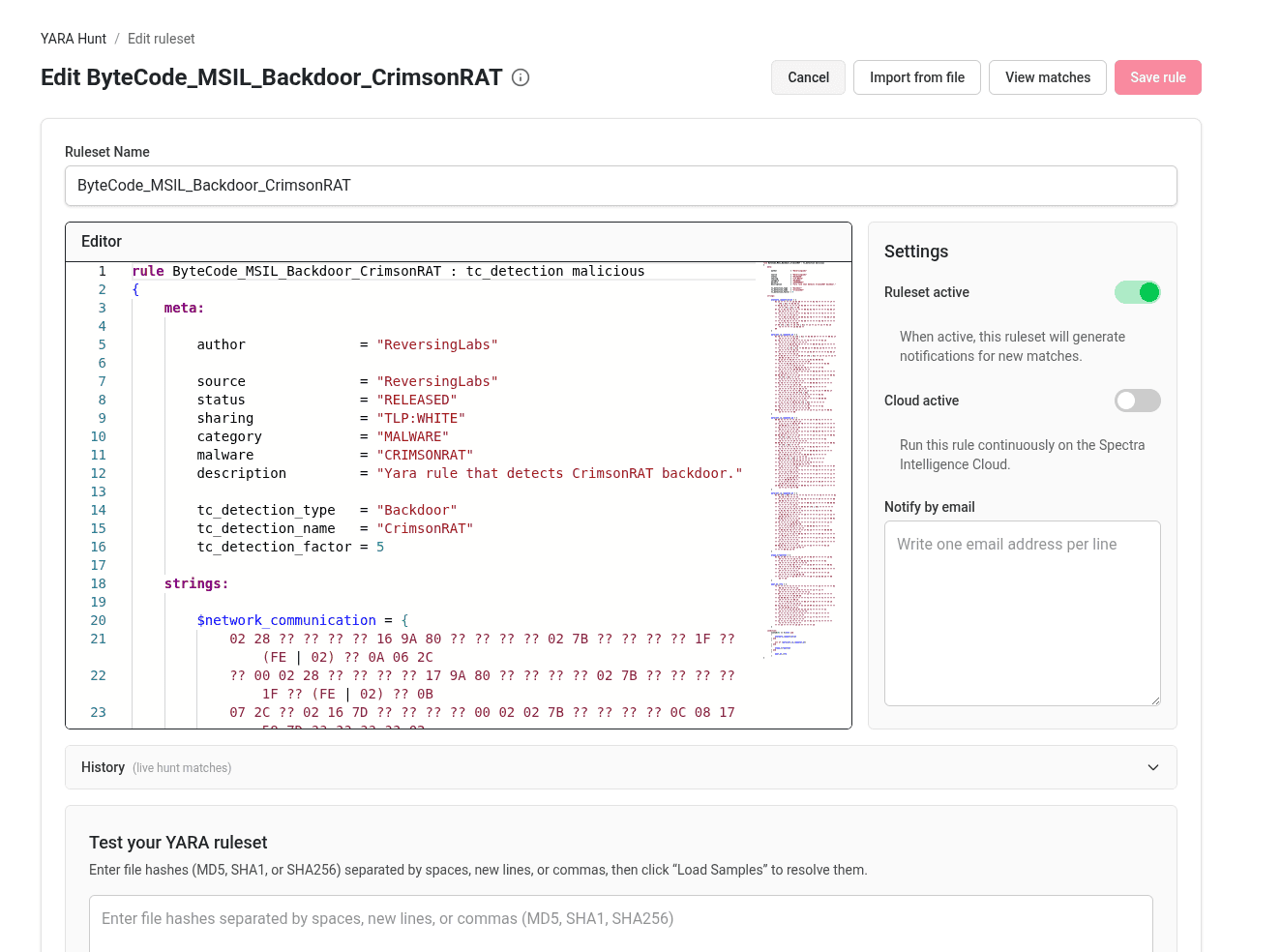 An image showing the new UI YARA editor