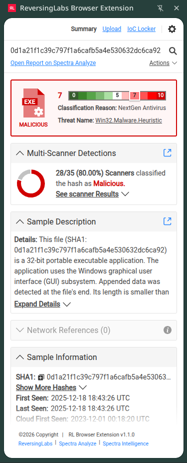 Browser extension side panel showing hash lookup results