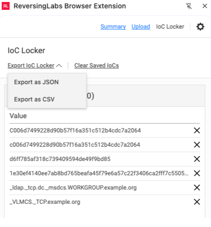 Browser extension side panel showing ioc locker export