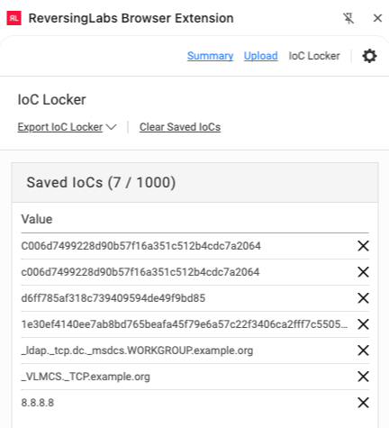 Browser extension side panel showing ioc locker list