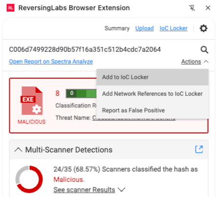 Browser extension side panel showing ioc locker menu