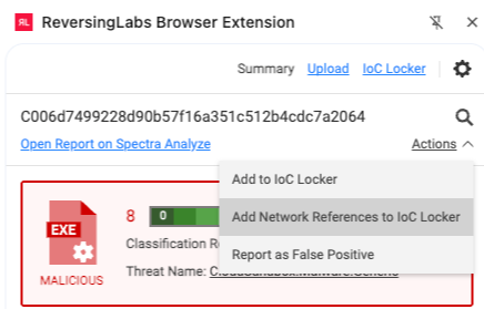 Browser extension side panel showing ioc locker menu for network references