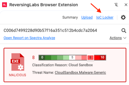 Browser extension side panel showing ioc locker menu review