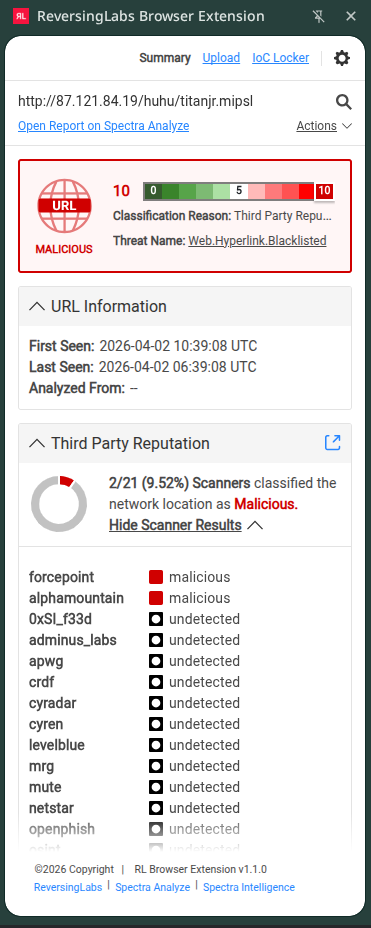 Browser extension side panel showing URL analysis and reputation data