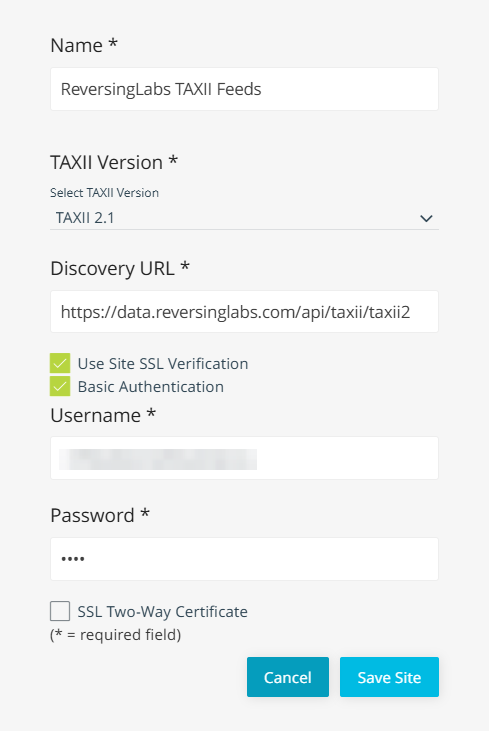 ThreatStream TAXII Site Settings Configuration