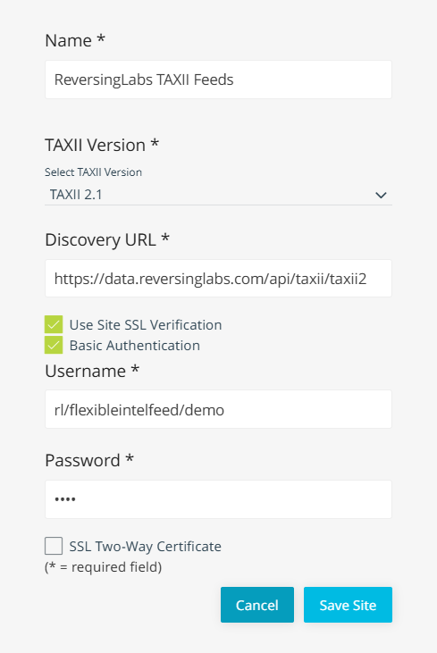 ThreatStream TAXII Site Settings Configuration
