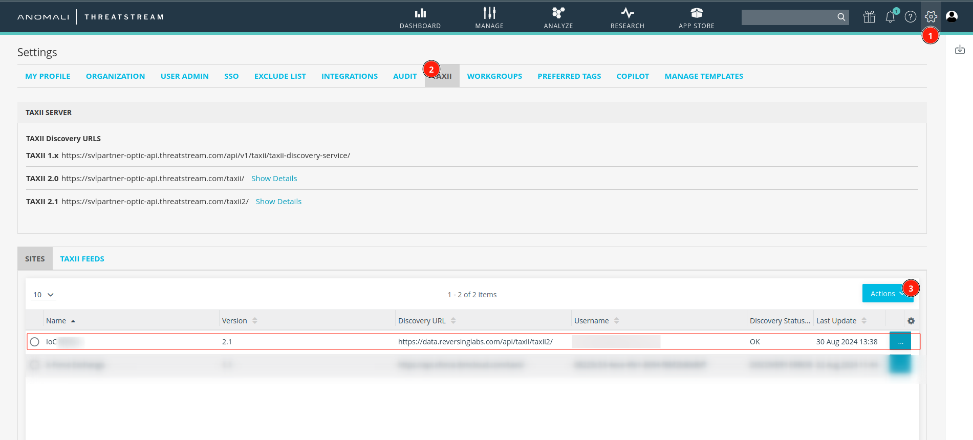 Configure ThreatStream TAXII Site Settings