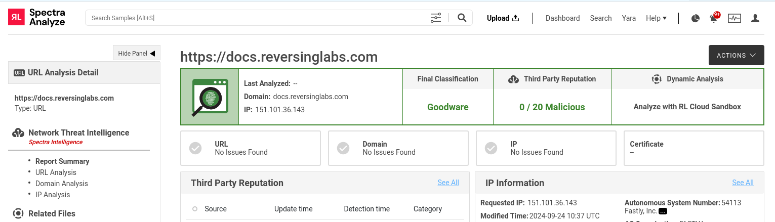 An image showing the network threat intelligence version of the Sample Summary page.